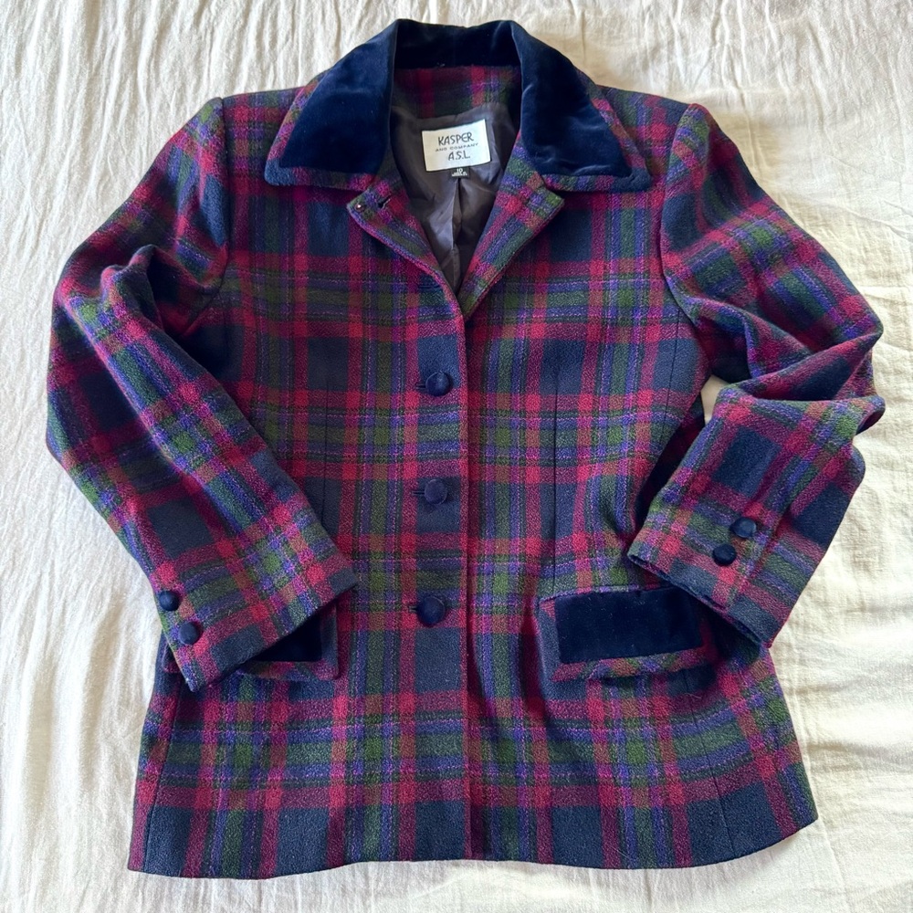 Kasper ASL Women's Plaid Velvet Wool Vintage Blazer, size 10